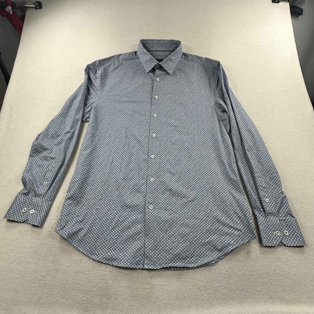 Bugatchi Shirt Mens XL Air Blue Floral 8 Way Stretch Long Sleeve Dress